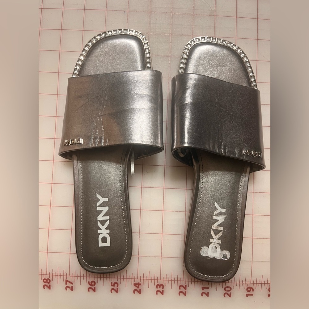 DKNY Metallic Silver Slide Sandals